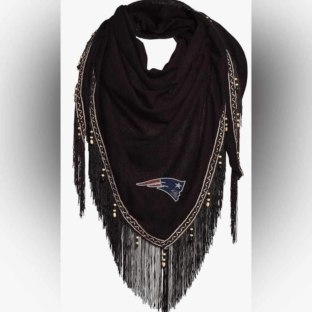 NFL Women's Black New England Patriots Fringed Beaded Scarf/Wrap/Shawl